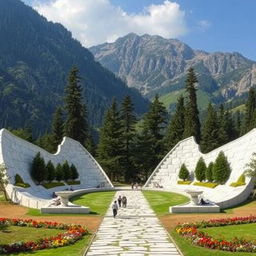 In a mountainous valley, a large and elongated park shaped like two wings made of white stone is spread across the ground