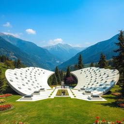 In a mountainous valley, a large and elongated park shaped like two wings made of white stone is spread across the ground
