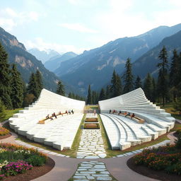 In a mountainous valley, a large and elongated park shaped like two wings made of white stone is spread across the ground