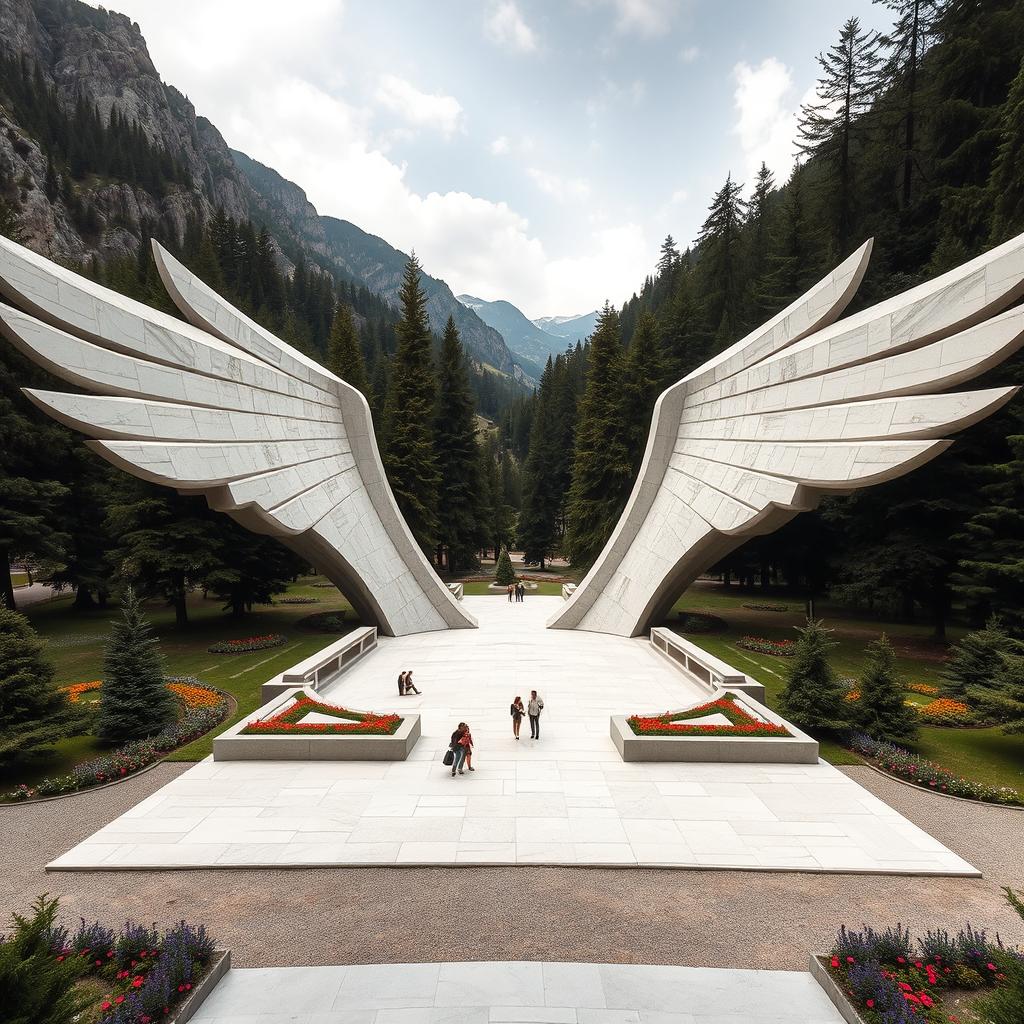 In a mountainous valley, a large and elongated park shaped like two wings made of white stone is spread across the ground
