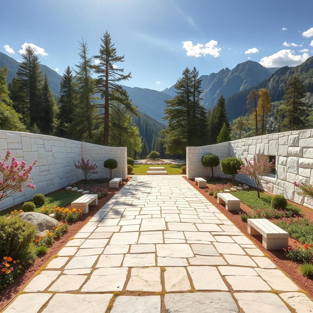 In a picturesque mountain range, a large park shaped like two elongated wings made of white stone is sprawling across the ground