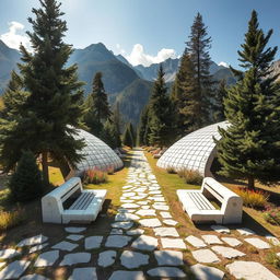 In a picturesque mountain range, a large park shaped like two elongated wings made of white stone is sprawling across the ground