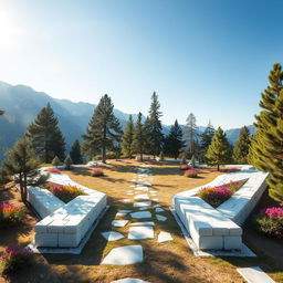 In a picturesque mountain range, a large park shaped like two elongated wings made of white stone is sprawling across the ground