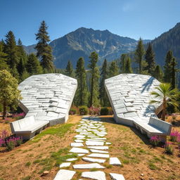 In a picturesque mountain range, a large park shaped like two elongated wings made of white stone is sprawling across the ground