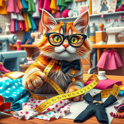 A whimsical scene featuring a mischievous, silly cat with bright, playful fur colors, wearing stylish eyeglasses and surrounded by colorful fabric swatches and sketches