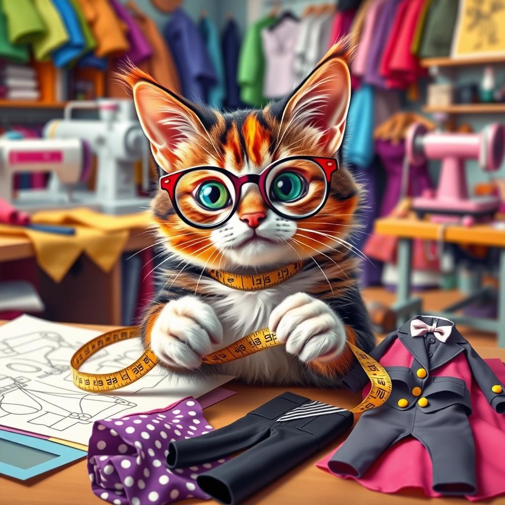 A whimsical scene featuring a mischievous, silly cat with bright, playful fur colors, wearing stylish eyeglasses and surrounded by colorful fabric swatches and sketches