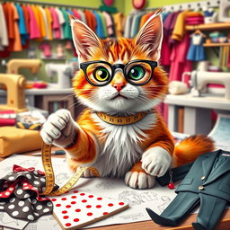 A whimsical scene featuring a mischievous, silly cat with bright, playful fur colors, wearing stylish eyeglasses and surrounded by colorful fabric swatches and sketches