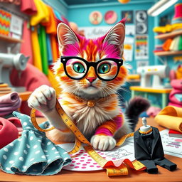 A whimsical scene featuring a mischievous, silly cat with bright, playful fur colors, wearing stylish eyeglasses and surrounded by colorful fabric swatches and sketches