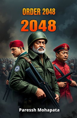 A vertical book cover for 'ORDER 2048', featuring one Russian soldier, one Indian soldier (the biggest), and one Chinese soldier, all portrayed in a realistic style