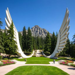 A majestic park shaped like two large, elongated wings made of white stone, gracefully extending across the ground at the base of a mountain
