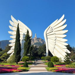 A majestic park shaped like two large, elongated wings made of white stone, gracefully extending across the ground at the base of a mountain