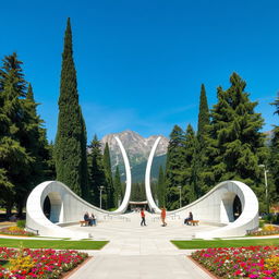 A majestic park shaped like two large, elongated wings made of white stone, gracefully extending across the ground at the base of a mountain