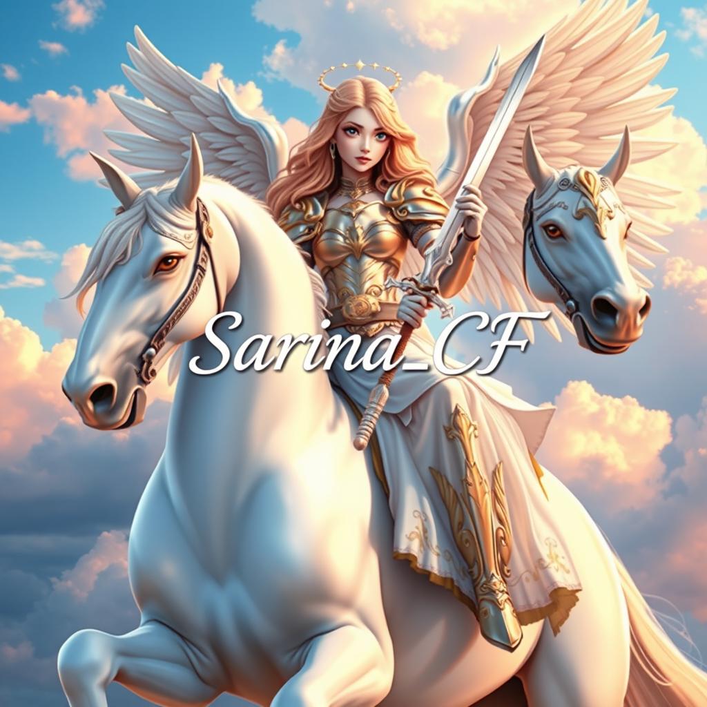 A beautiful and stunning girl angel with long flowing hair, sitting gracefully on a majestic white horse