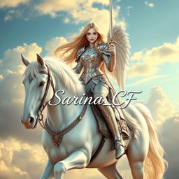 A beautiful and stunning girl angel with long flowing hair, sitting gracefully on a majestic white horse