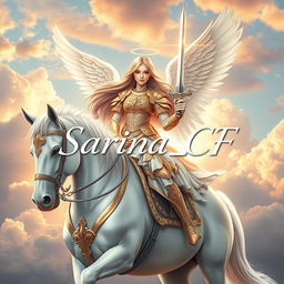 A beautiful and stunning girl angel with long flowing hair, sitting gracefully on a majestic white horse