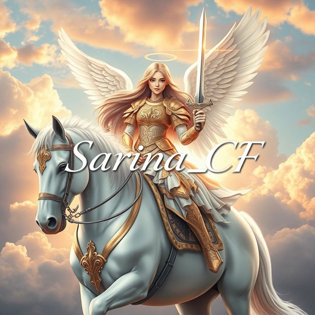 A beautiful and stunning girl angel with long flowing hair, sitting gracefully on a majestic white horse