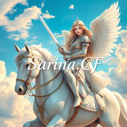 A beautiful and stunning girl angel with long flowing hair, sitting gracefully on a majestic white horse
