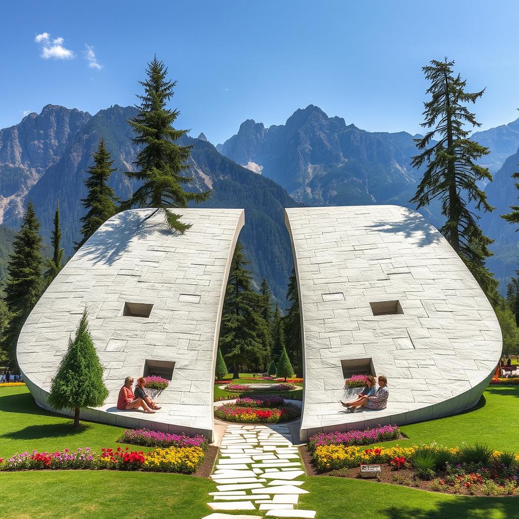 In a mountainous area, there is a park shaped like two large, elongated wings made of white stone, extending across the ground