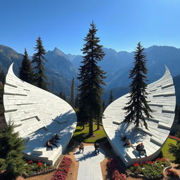 In a mountainous area, there is a park shaped like two large, elongated wings made of white stone, extending across the ground