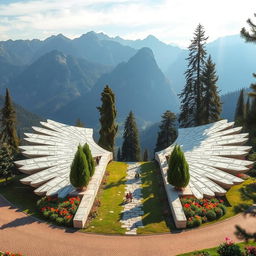 In a mountainous area, there is a park shaped like two large, elongated wings made of white stone, extending across the ground