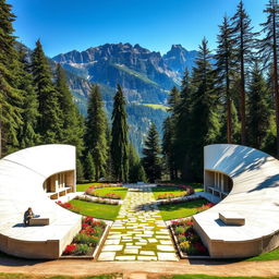 In a mountainous area, there is a park shaped like two large, elongated wings made of white stone, extending across the ground