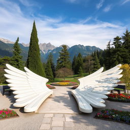 In a mountainous area, there is a park shaped like two large, elongated wings made of white stone, spread across the ground