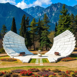 In a mountainous area, there is a park shaped like two large, elongated wings made of white stone, spread across the ground