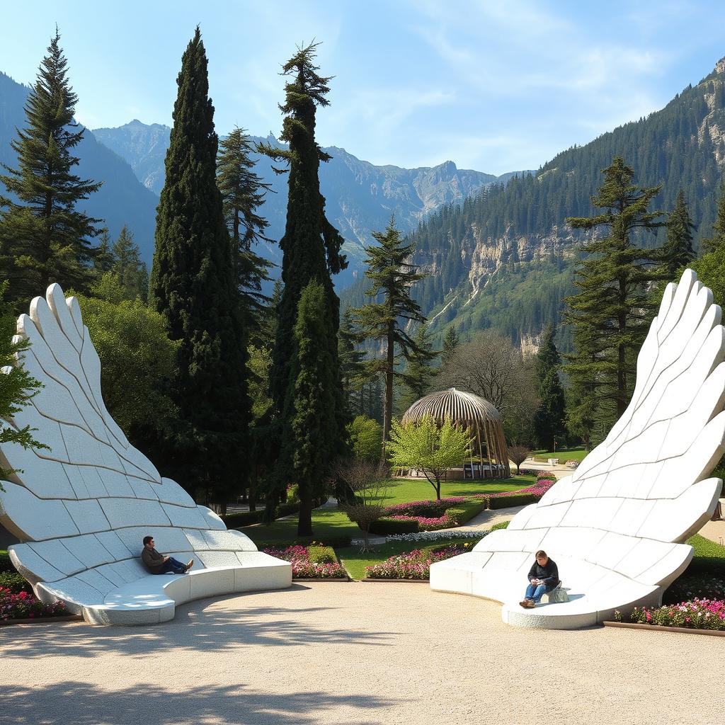 In a mountainous area, there is a park shaped like two large, elongated wings made of white stone, spread across the ground