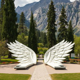 In a mountainous area, there is a park shaped like two large, elongated wings made of white stone, spread across the ground