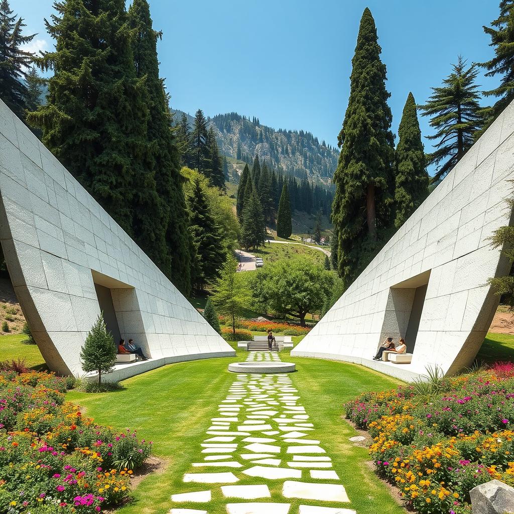 In a mountainous area, a park designed in the shape of two large, elongated wings made of white stone spread across the ground