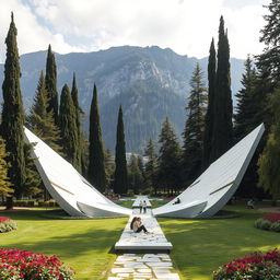 In a mountainous area, a park designed in the shape of two large, elongated wings made of white stone spread across the ground