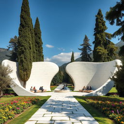 In a mountainous area, a park designed in the shape of two large, elongated wings made of white stone spread across the ground