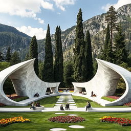 In a mountainous area, a park designed in the shape of two large, elongated wings made of white stone spread across the ground