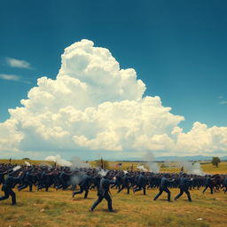 A vast and sweeping Civil War battle scene set under wide open skies