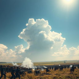 A vast and sweeping Civil War battle scene set under wide open skies
