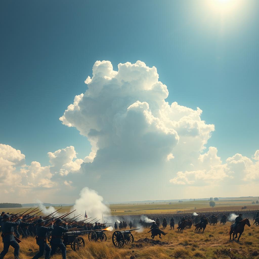 A vast and sweeping Civil War battle scene set under wide open skies