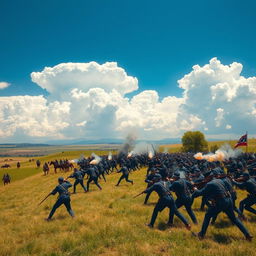 A vast and sweeping Civil War battle scene set under wide open skies