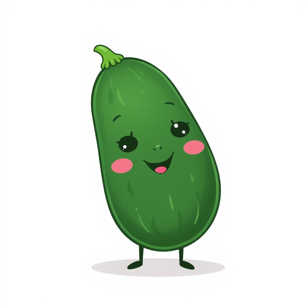 A charming illustration of a cute dark green cucumber character on a white background