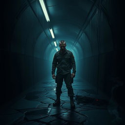 A haunting and cinematic poster concept featuring a soldier standing alone in a dark, narrow tunnel