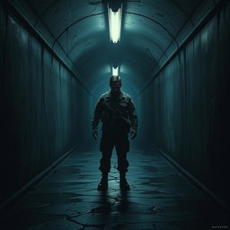 A haunting and cinematic poster concept featuring a soldier standing alone in a dark, narrow tunnel