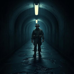 A haunting and cinematic poster concept featuring a soldier standing alone in a dark, narrow tunnel