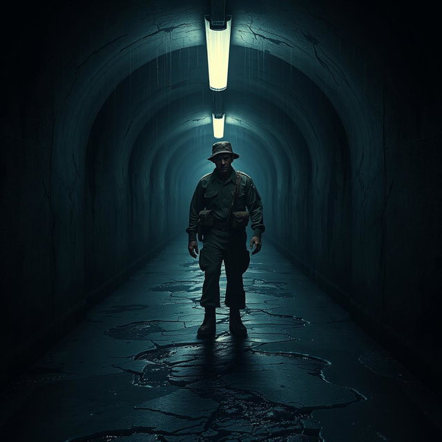 A haunting and cinematic poster concept featuring a soldier standing alone in a dark, narrow tunnel