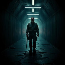 A haunting and cinematic poster concept featuring a soldier standing alone in a dark, narrow tunnel