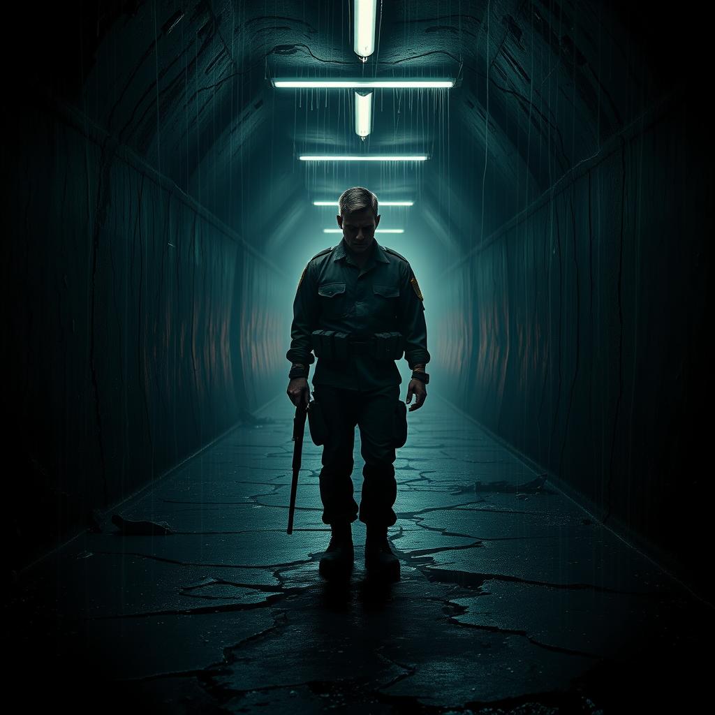 A haunting and cinematic poster concept featuring a soldier standing alone in a dark, narrow tunnel