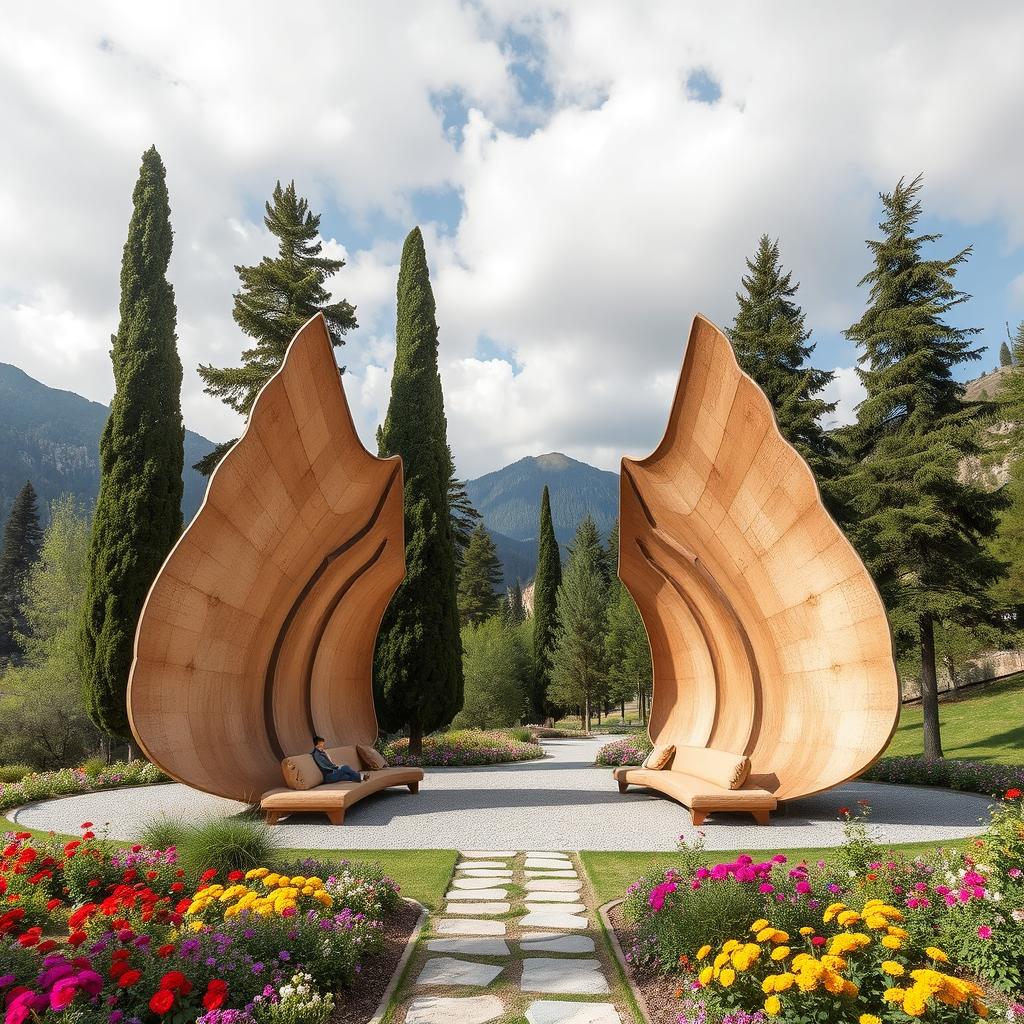In a mountainous setting, a park features the design of two large, elongated wings made of natural materials stretching across the ground