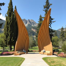 In a mountainous setting, a park features the design of two large, elongated wings made of natural materials stretching across the ground