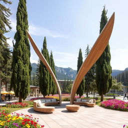 In a mountainous setting, a park features the design of two large, elongated wings made of natural materials stretching across the ground