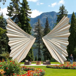 In a mountainous setting, a park features the design of two large, elongated wings made of natural materials stretching across the ground