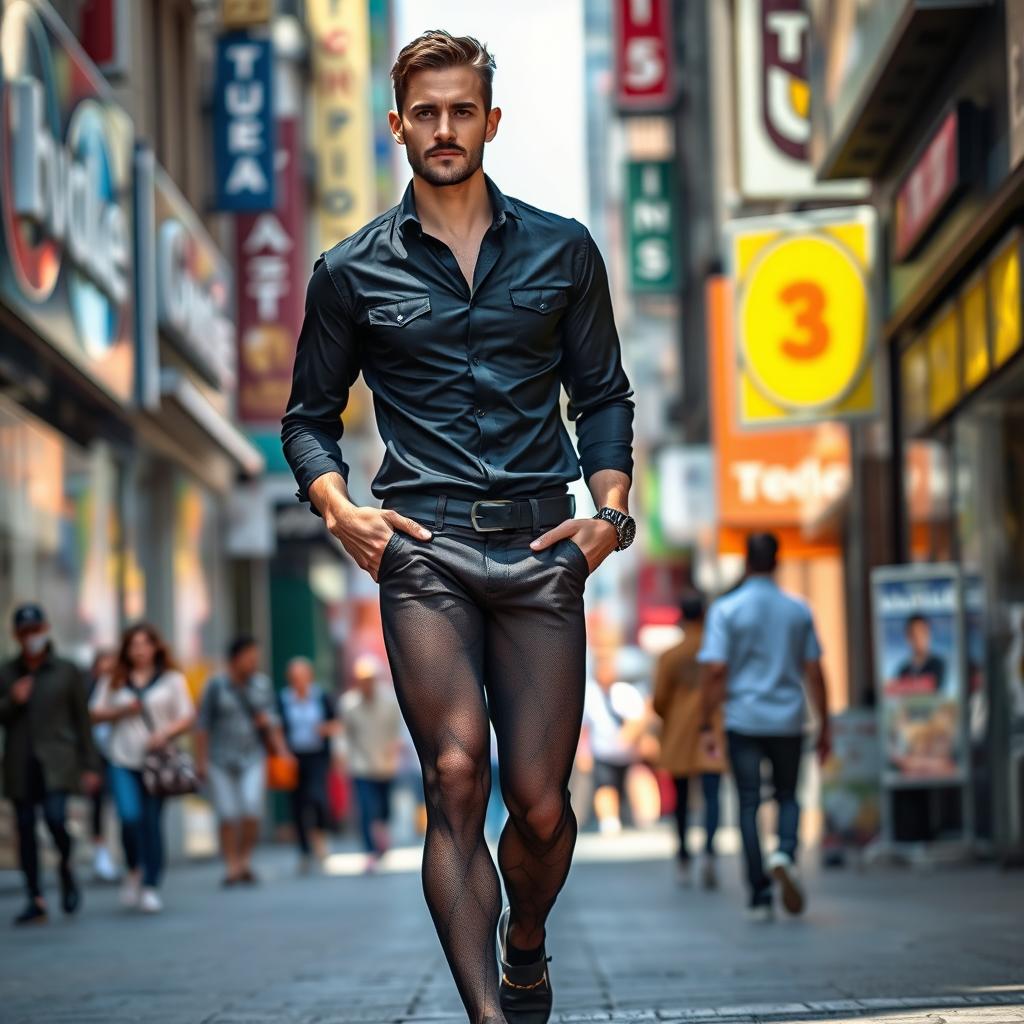 A confident heterosexual man wearing black transparent pantyhose with a bold masculine pattern and no pants, confidently walking down a bustling city street