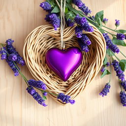 A heart-shaped wicker frame, intricately woven with light brown, tan, and beige reeds, filled with a deep purple heart-shaped ornament